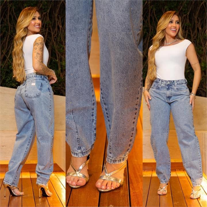 CALÇA BARREL COM PEDRARIA (SEM ELASTANO)